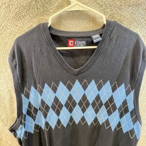 Chaps Mens XXL Argyle V-Neck‎ Sweater Vest Navy Blue Light Blue Collegiate Golf